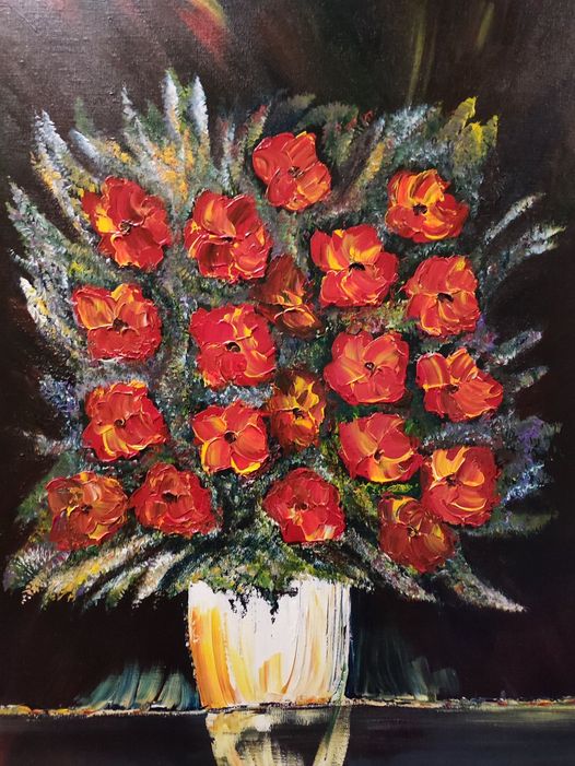 Fleurs rouges. au vase d'ambre acrylique 61x50cm